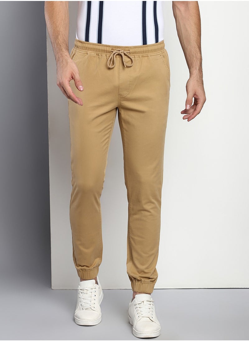 Men's Regular Fit Dark Khaki Cotton Trousers - Mid-Rise, Full Length, Button & Zip Closure, Machine Wash