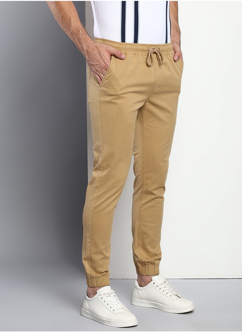 Men's Regular Fit Dark Khaki Cotton Trousers - Mid-Rise, Full Length, Button & Zip Closure, Machine Wash