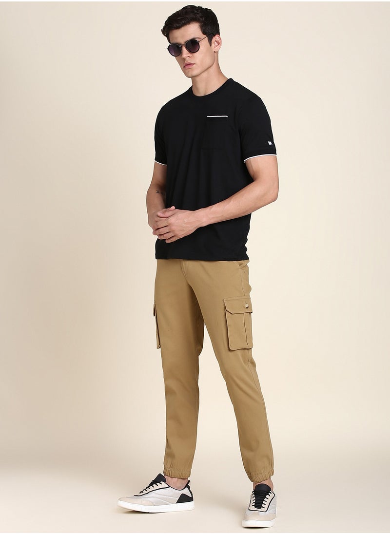 Khaki Slim Fit Solid Trouser for Men - Cotton Blend, Full Length, Button & Zip, Mid Rise, Casual, Machine Wash