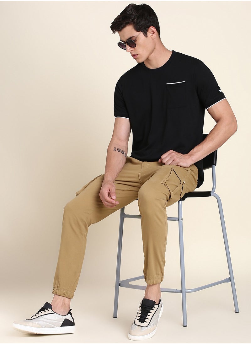 Khaki Slim Fit Solid Trouser for Men - Cotton Blend, Full Length, Button & Zip, Mid Rise, Casual, Machine Wash