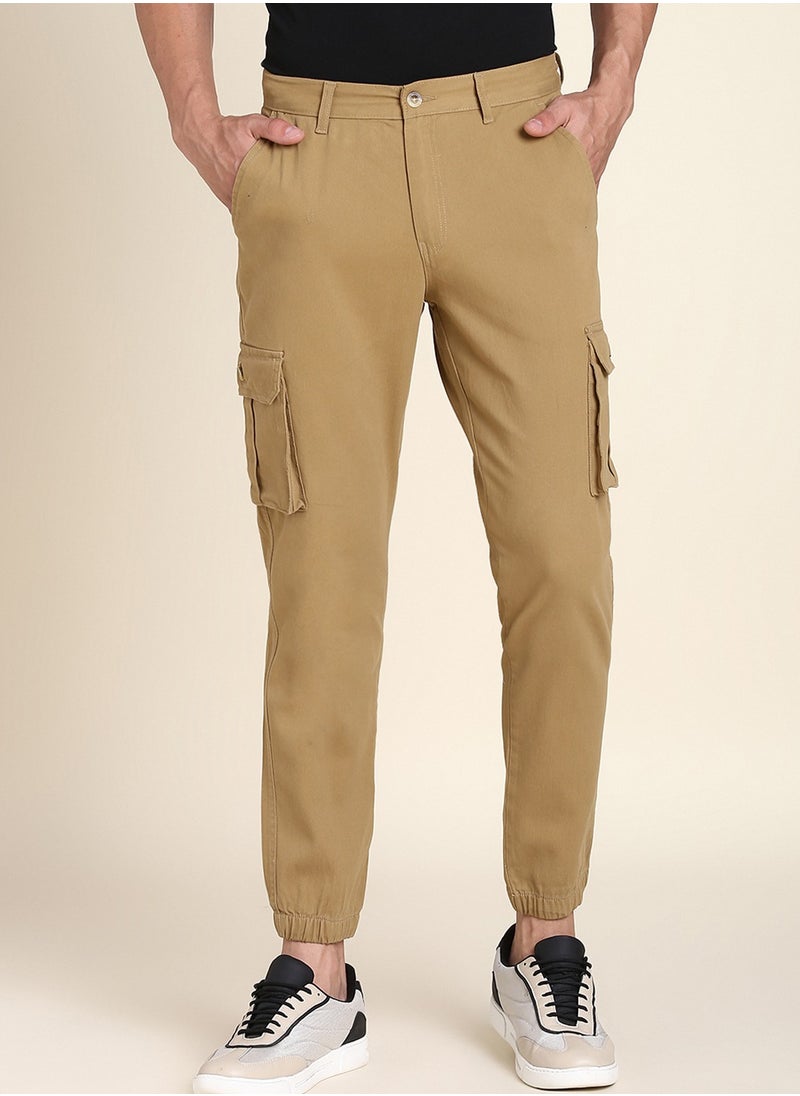 Khaki Slim Fit Solid Trouser for Men - Cotton Blend, Full Length, Button & Zip, Mid Rise, Casual, Machine Wash