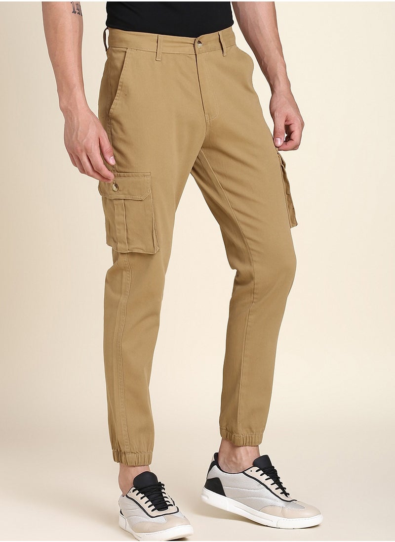 Khaki Slim Fit Solid Trouser for Men - Cotton Blend, Full Length, Button & Zip, Mid Rise, Casual, Machine Wash