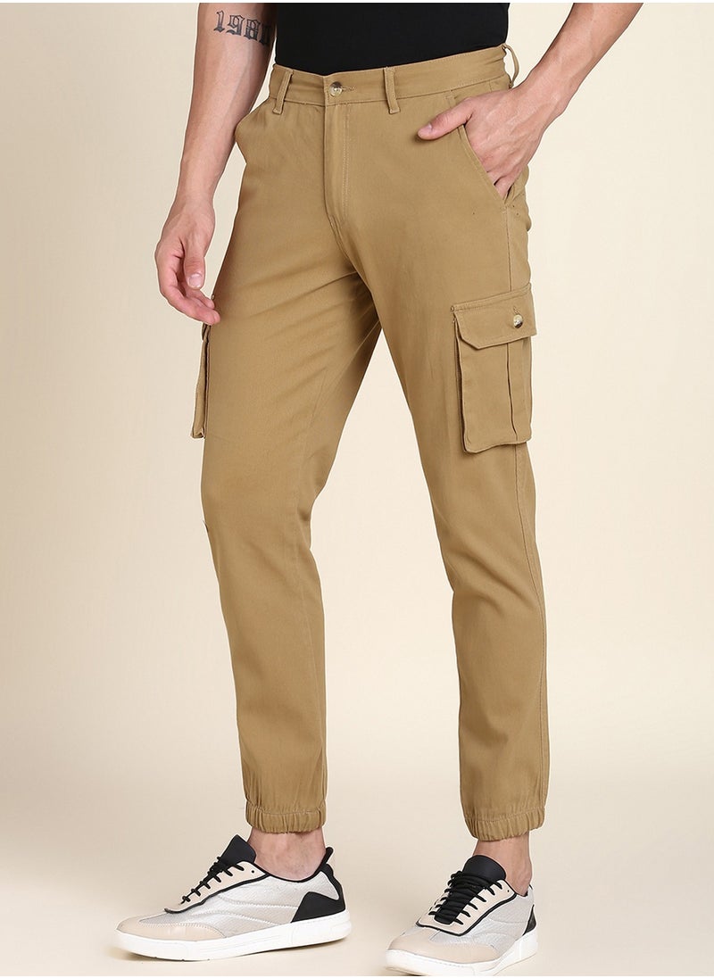 Khaki Slim Fit Solid Trouser for Men - Cotton Blend, Full Length, Button & Zip, Mid Rise, Casual, Machine Wash