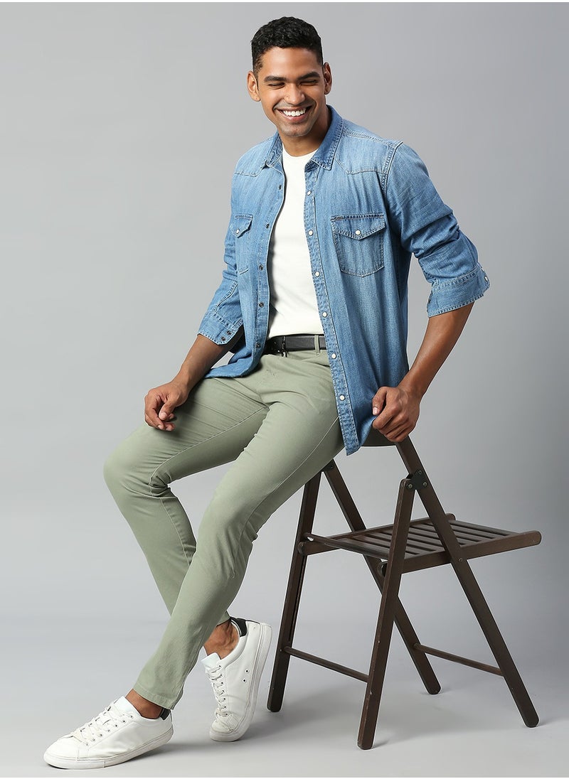 Men's Tapered Fit Sage Cotton Chinos - Mid-Rise, Full Length, Button & Zip Closure, Machine Wash