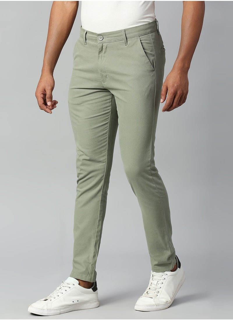 Men's Tapered Fit Sage Cotton Chinos - Mid-Rise, Full Length, Button & Zip Closure, Machine Wash