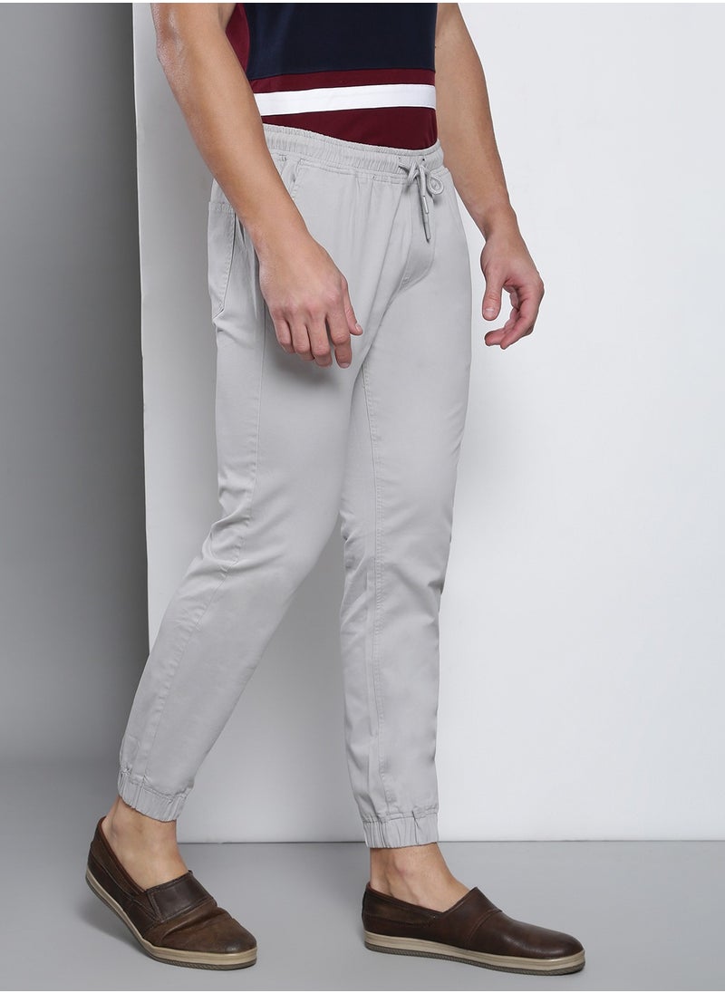 Men's Regular Fit Light Grey Cotton Trousers - Mid-Rise, Full Length, Button & Zip Closure, Machine Wash