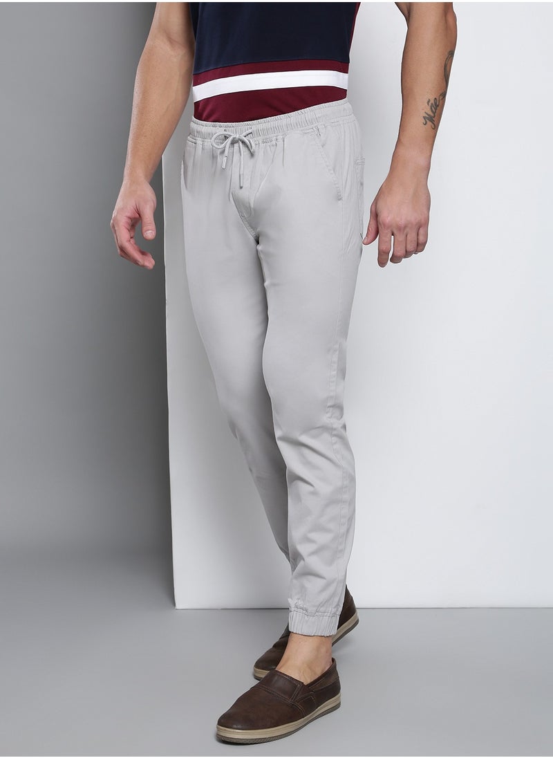 Men's Regular Fit Light Grey Cotton Trousers - Mid-Rise, Full Length, Button & Zip Closure, Machine Wash