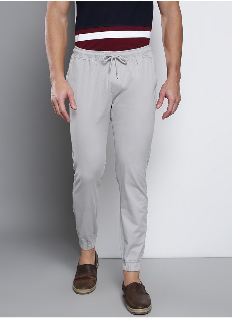 Men's Regular Fit Light Grey Cotton Trousers - Mid-Rise, Full Length, Button & Zip Closure, Machine Wash