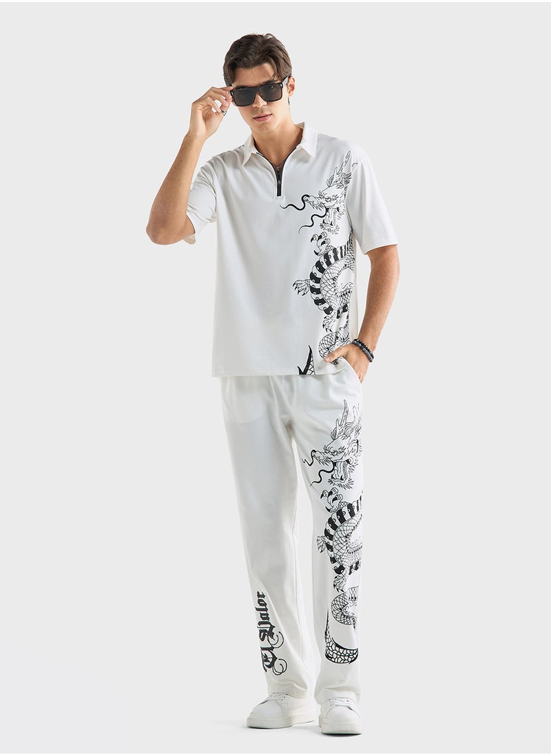 Dragon Print Relaxed Fit Joggers with with Flexi W