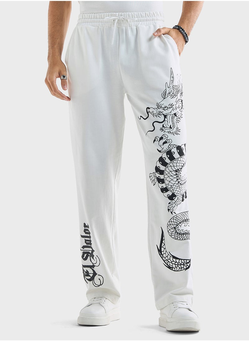 Dragon Print Relaxed Fit Joggers with with Flexi W