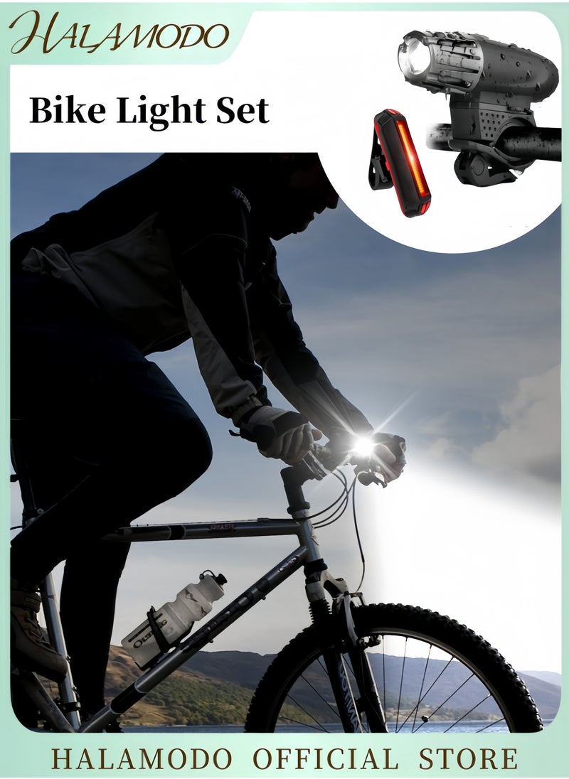 Bike Light Set of 1pc Bicycle Headlight & 1pc Rear Taillight USB Rechargeable Bike Light Powerful Lumens Water Resistant Ultra-Bright Bike Lights Road Commuter LED Front Light for Enhanced Safety & Visibility