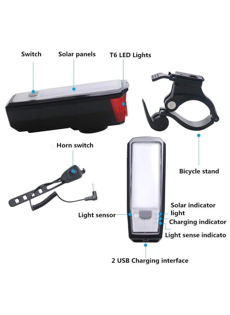 Solar USB Rechargeable Bike Front Lights Set 5 Modes 120db Bicycle Bell Horn 350 Lumens 4 Mode Waterproof Bicycle Headlight, USB Output Charge Your Mobile Phone, Road Cycling Safety Flashlight Lights