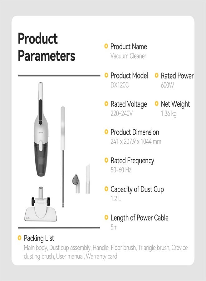 Handheld Portable Vacuum Cleaner 2 in 1 Push Vacuum With 3 Brushes 16000Pa Low Noise DX120C- 600 W DX120C White