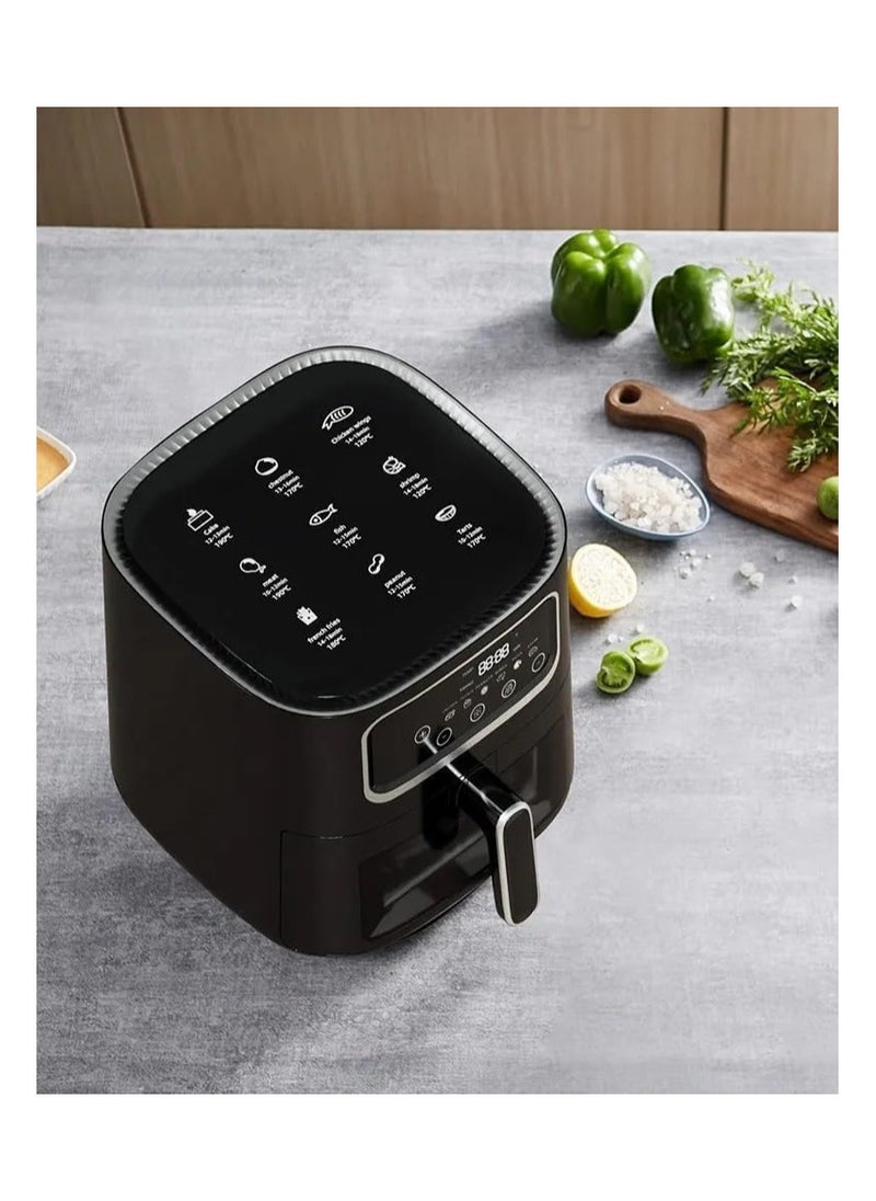 Air fryer, 10-liter hot air fryer, 360-degree air circulation technology, 8 cooking functions with cooking time, 3800 watts, audible warning system.