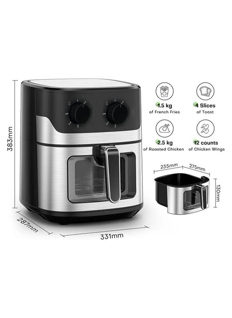 Air fryer, 10-liter hot air fryer, 360-degree air circulation technology, 8 cooking functions with cooking time, 3800 watts, audible warning system.