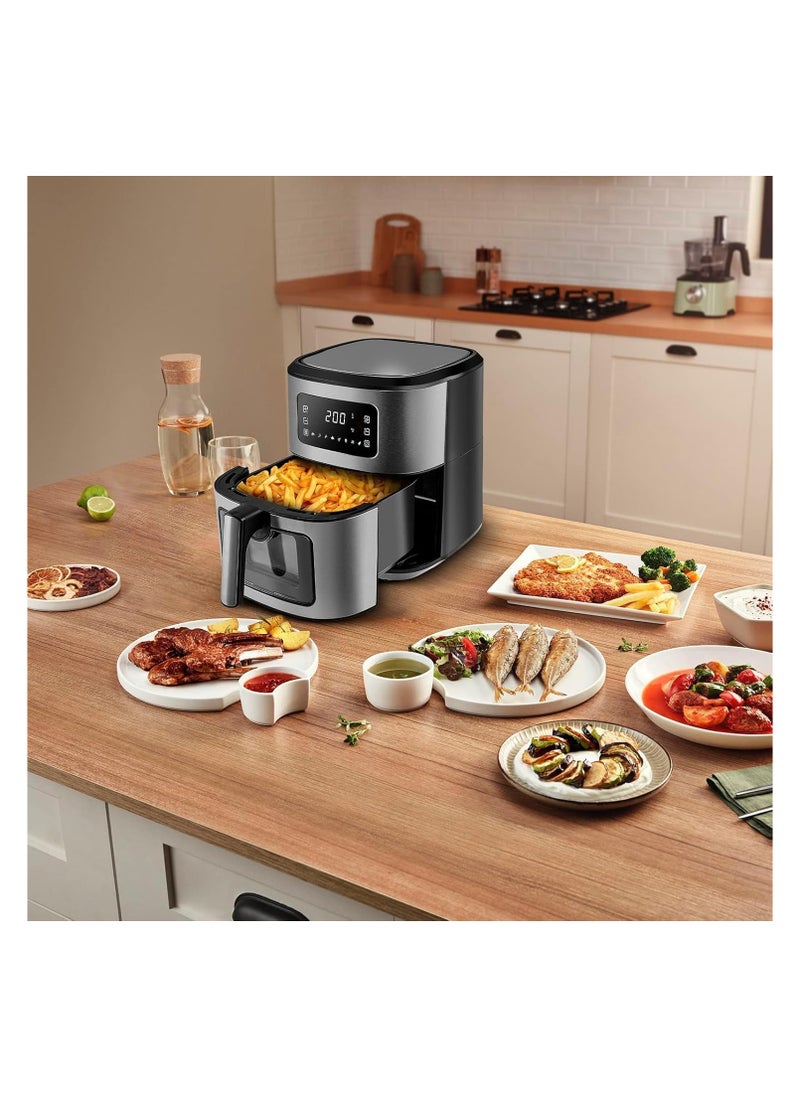 Air fryer, 10-liter hot air fryer, 360-degree air circulation technology, 8 cooking functions with cooking time, 3800 watts, audible warning system.