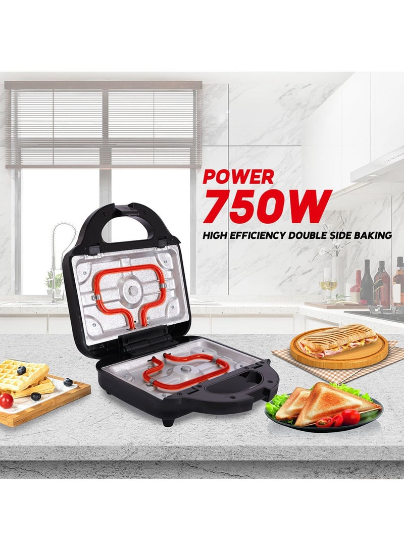 3 In 1, 2 Slice Non-Stick Sandwich Maker, 750 Watts With Detachable Plates, Sandwich/Grill & Waffel Plates, 2 Year Warranty 750 W AF-8023SMSS Silver