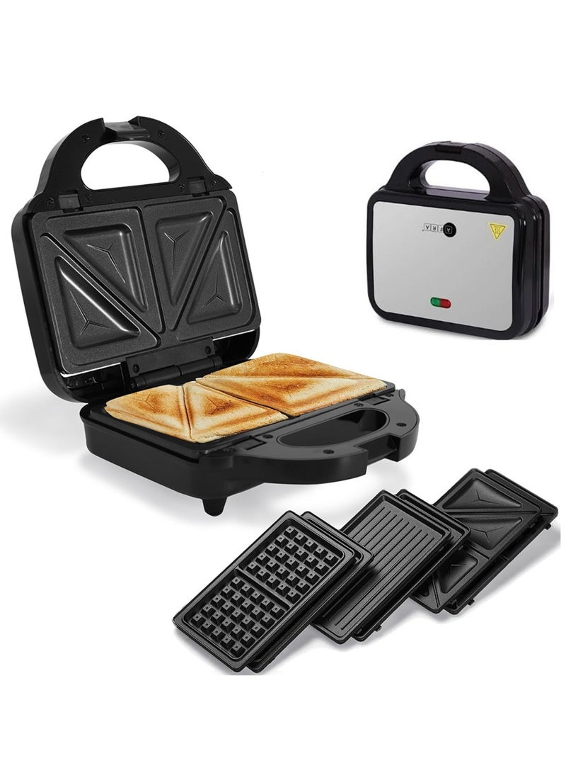 3 In 1, 2 Slice Non-Stick Sandwich Maker, 750 Watts With Detachable Plates, Sandwich/Grill & Waffel Plates, 2 Year Warranty 750 W AF-8023SMSS Silver