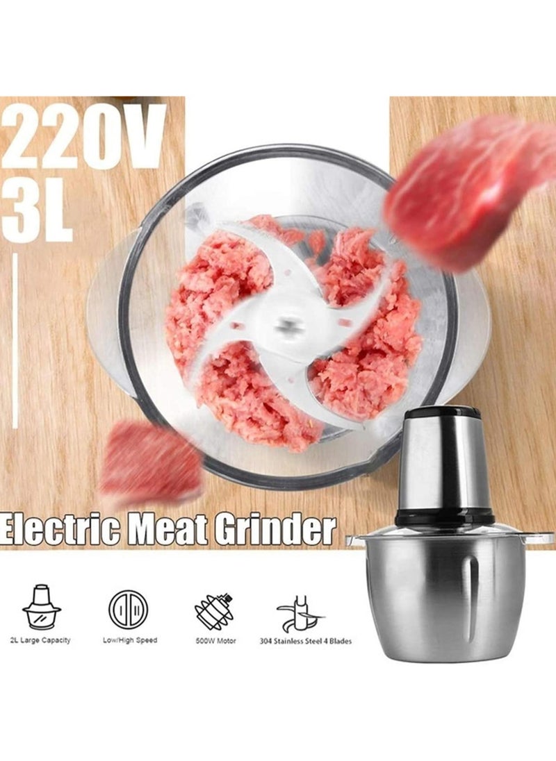 Electric Food Processor and Vegetable Chopper, Professional Kitchen Stainless Steel Electric Meat Grinder with 4 Dual-Level Blades for Meat, Carrot, Onion, Garlic - 2 Speed Regulation (3L)