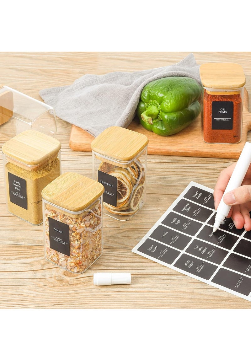 Glass Jars Set 500ml, Food Cereal Storage Spice Containers for Home Kitchen, Food Storage Jars With Labels, Marker and Spoons, Square 8 * 10cm 8 Pieces With Wood Lid.