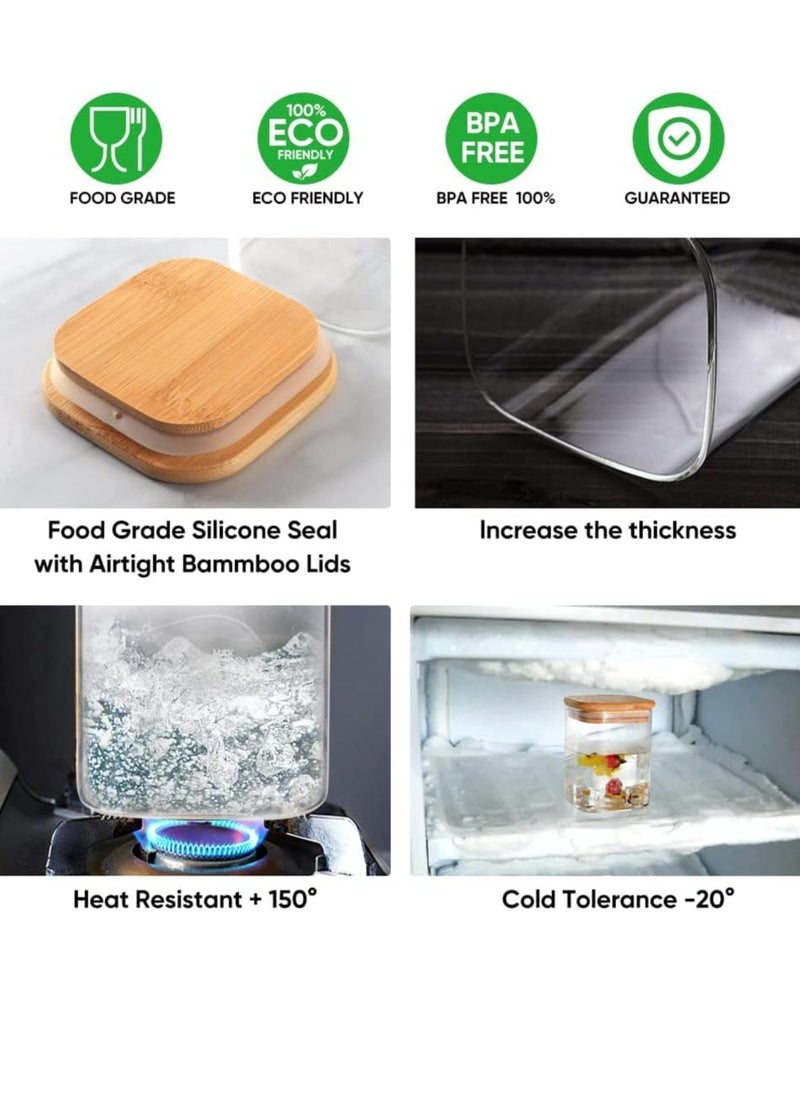 Glass Jars Set 500ml, Food Cereal Storage Spice Containers for Home Kitchen, Food Storage Jars With Labels, Marker and Spoons, Square 8 * 10cm 8 Pieces With Wood Lid.