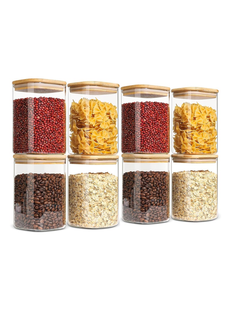 Glass Jars Set 500ml, Food Cereal Storage Spice Containers for Home Kitchen, Food Storage Jars With Labels, Marker and Spoons, Square 8 * 10cm 8 Pieces With Wood Lid.
