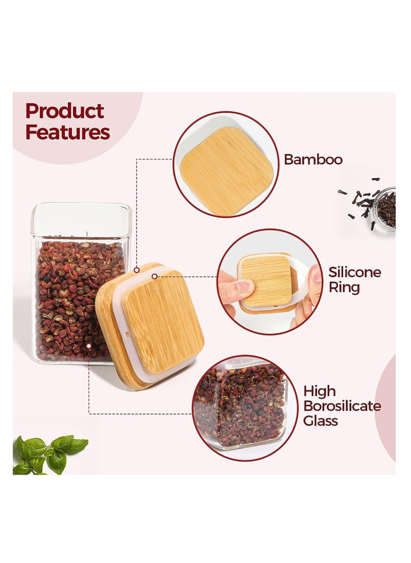 Glass Jars Set 500ml, Food Cereal Storage Spice Containers for Home Kitchen, Food Storage Jars With Labels, Marker and Spoons, Square 8 * 10cm 8 Pieces With Wood Lid.