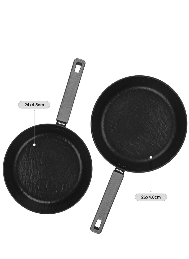 2-Piece Frying Pan 24cm x 26cm, Aluminum Non Stick Coating Vela Rock Series Induction Bottom Technology, Ergonomic Bakelite Handle and PFOA Free Kitchen Cookware for Omelets, Stir Frying