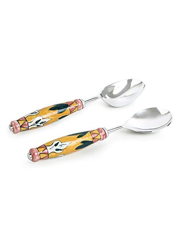 Stainless Steel & Ceramic Serving Spoon Set of 2, Vegetable Dal Rice Serving Spoons for Dinner Cutlery Set for Dining Table Serveware, 10.2 inch