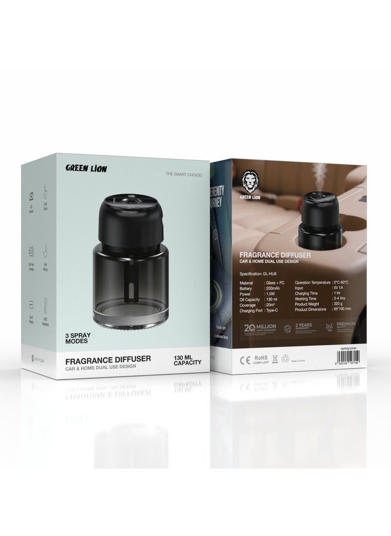 Fragrance Diffuser 130ml Car and Home Dual Use Design with 3 Spray Modes / Touch Control / LED Display / Up to 4 Hours Working Time / Blue, Green & Purple Light Spray Modes / Type-C Charging Port - Black