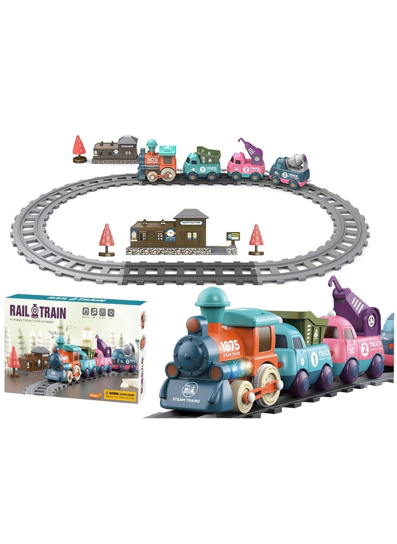 Children's Train Track Set - Makaron-Colored Train Toy Set with Locomotive, Engineering Cars, and Accessories 3 + Track Toy Set