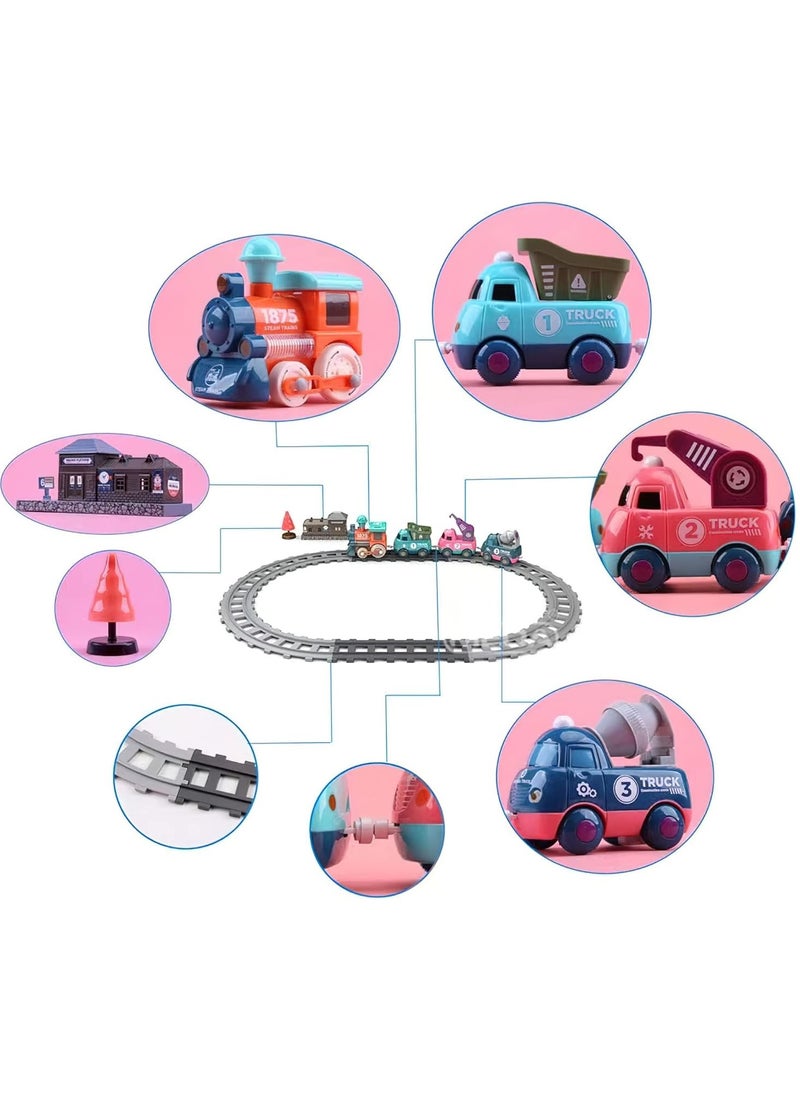 Children's Train Track Set - Makaron-Colored Train Toy Set with Locomotive, Engineering Cars, and Accessories 3 + Track Toy Set