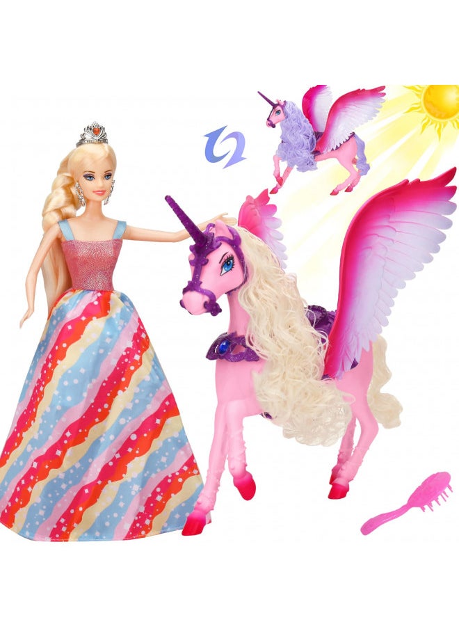 Color Changing Unicorn Toys& Princess Doll Play Set, Pegasus Mane Changes Colors Under Sunshine, 11.5'' Princess Doll, Winged Horse Toys W/ Removeable Saddles, Unicorn Gifts for Girls Aged 3-8