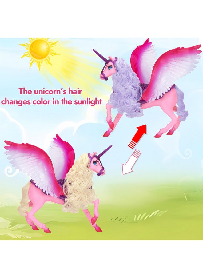 Color Changing Unicorn Toys& Princess Doll Play Set, Pegasus Mane Changes Colors Under Sunshine, 11.5'' Princess Doll, Winged Horse Toys W/ Removeable Saddles, Unicorn Gifts for Girls Aged 3-8