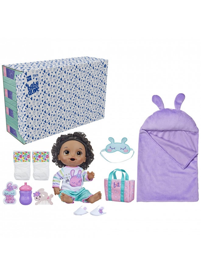 Baby Alive Bunny Sleepover Baby Doll, Bedtime-Themed 12-Inch Dolls, Sleeping Bag & Bunny-Themed Doll Accessories, Toys for 3 Year Old Girls and Boys and Up, Black Hair (Amazon Exclusive)