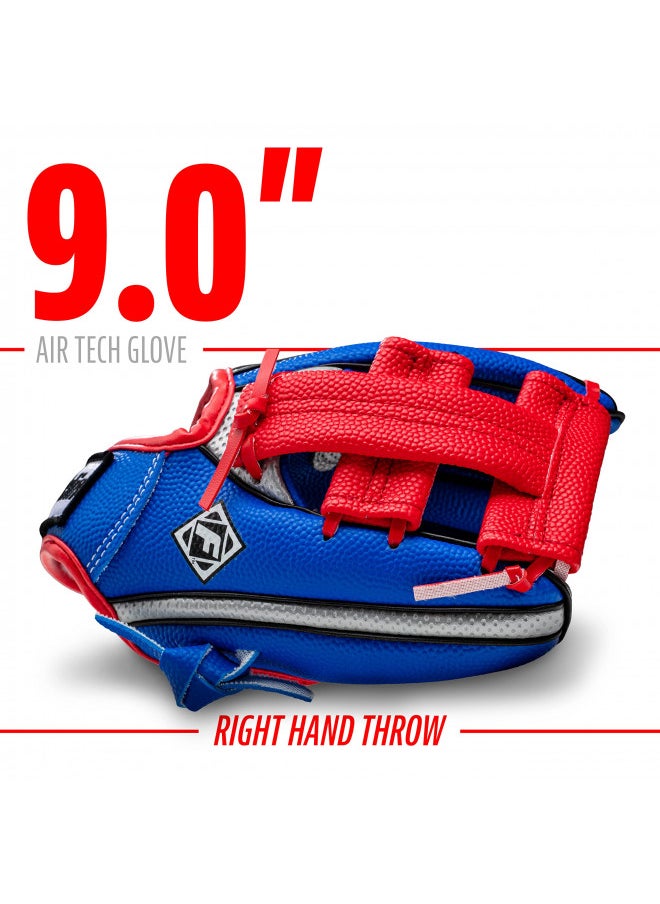 Franklin Sports Kids Baseball Glove + Ball Set - Air Tech Youth Teeball Glove - Boys + Girls Children's Glove + Ball - Right Hand Throw - Red/Blue - 9