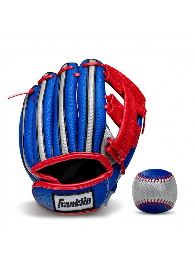 Franklin Sports Kids Baseball Glove + Ball Set - Air Tech Youth Teeball Glove - Boys + Girls Children's Glove + Ball - Right Hand Throw - Red/Blue - 9