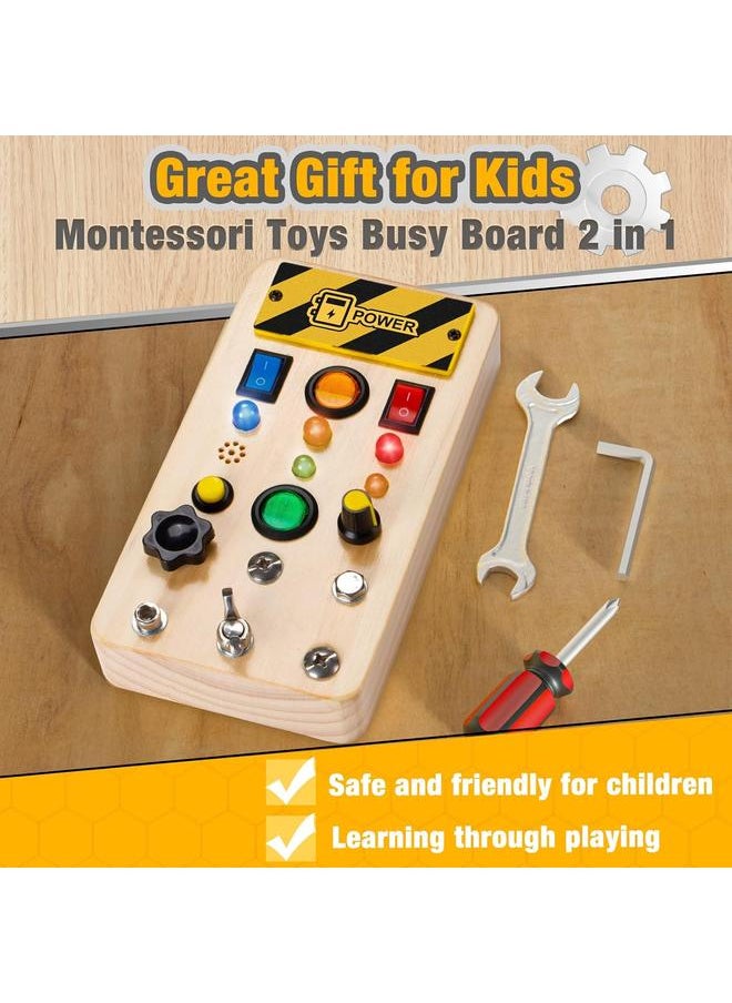 bluejw Busy Board, Wooden Montessori Toys for 3 Year Old Boy Birthday Gifts, Sensory Fidget Toy with Lights and Tools, Toddlers Toys for 3+ Year Old Boys Girls