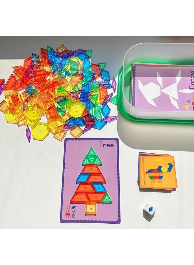 140 Pcs Translucent Pattern Blocks,Geometric Shapes,Translucent Toys,Light Table Accessories and Manipulatives,Includes 46 Activity Cards