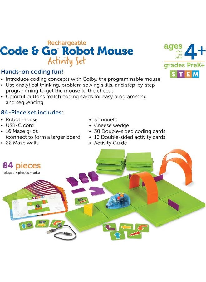 bluejw Code & Go Robot Mouse Activity Set Rechargeable, Screen-Free Early Coding Toy for Kids, Interactive STEM Coding Pet, Ages 4+, 83 Pieces,Kids