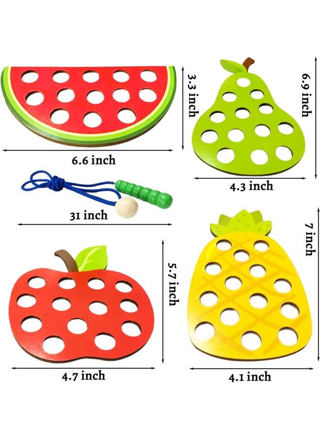 4 Pack Wooden Lacing Toy,Educational Threading Activity Puzzles,Learning Fine Motor Skill Travel Toy,Wooden Fruit Threading Set for Toddlers Kids 3 4 5 Year 1 Apple,1 Watermelon,1 Pineapple,1 Pear