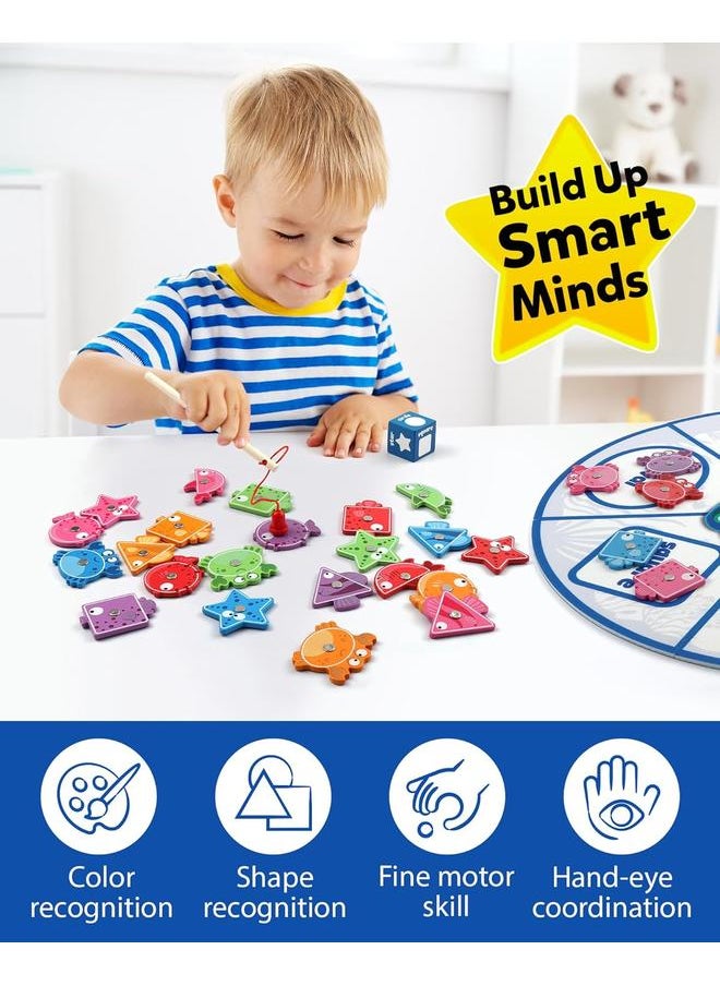 bluejw Montessori Toy for Toddlers, Fine Motor Skill Wooden Magnetic Fishing Game for Year Old Kids, Color and Shape Sorter for Age 3 4 5 Girls Boys Preschool Educational Gift