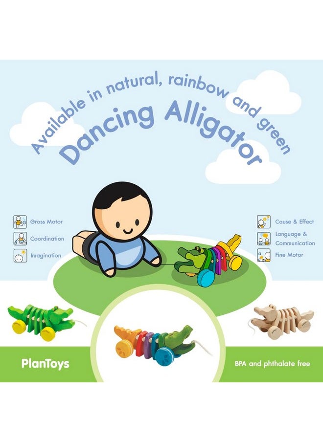 Dancing Alligator Push & Pull Toy - Sustainably Made From Rubberwood, Makes Click-Clack Sounds And Dancing Movements When Pulled (Rainbow)