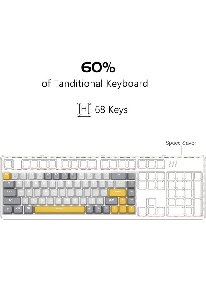 Mechanical Gaming Keyboard 60%,LED Backlit Keyboard, 68 Keys Mini Wired | Red Switch | White/Grey