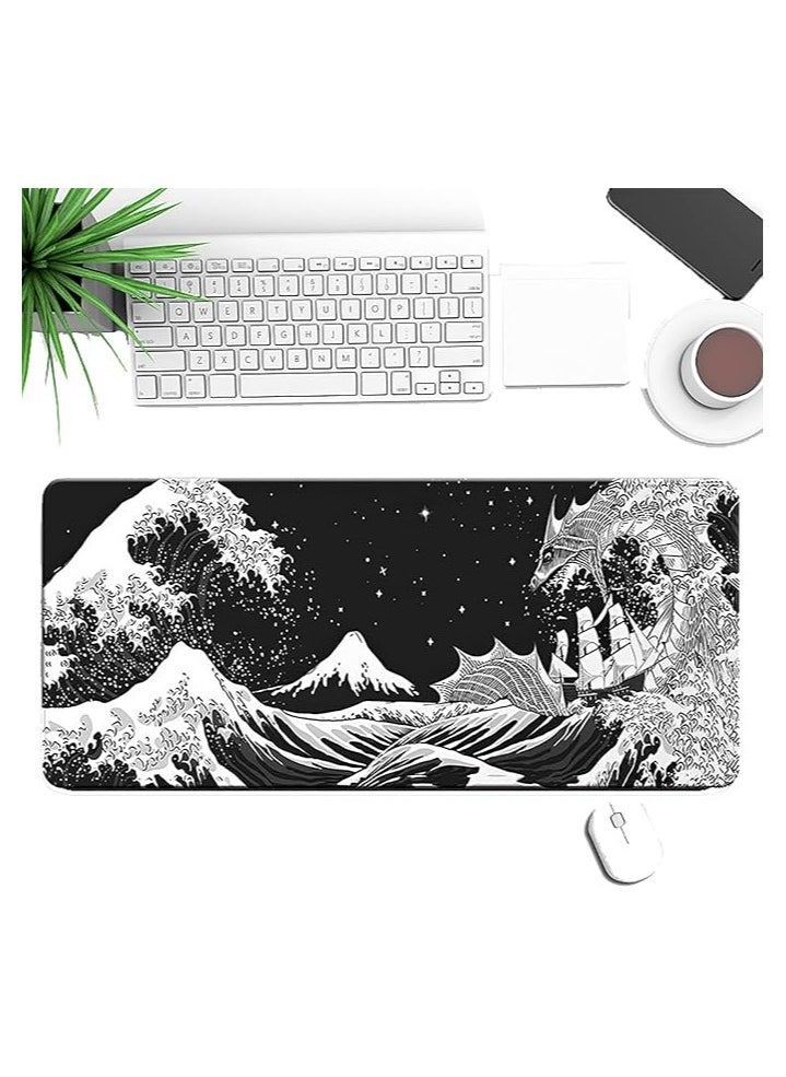 Gaming Mouse Pad, Thick and Dirty-Resistant Keyboard Mats for Desk with Stitched Edges, Ocean Waves Large Keyboard Mat with Non-Slip Base, Black Mouse Pad for Work and Gaming, 30×80cm