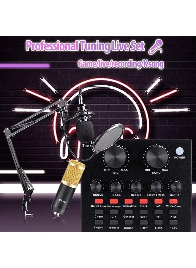 Condenser Microphone BundleMic Kit with Live Sound Card, Adjustable Mic Suspension Scissor Arm BM8006 Gold