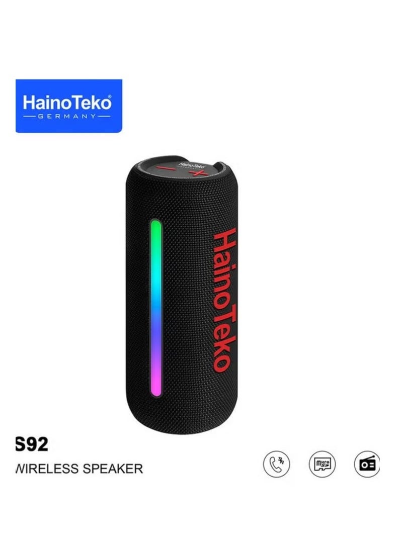 Germany S92 Portable Wireless Speaker with High Bass Sound Quality, Multi-Functional Button Control, and LED Light – Compact, Durable, and Stylish – Perfect for Parties, Outdoor Adventures, and Home Entertainment – Easy Bluetooth Connectivity, Black