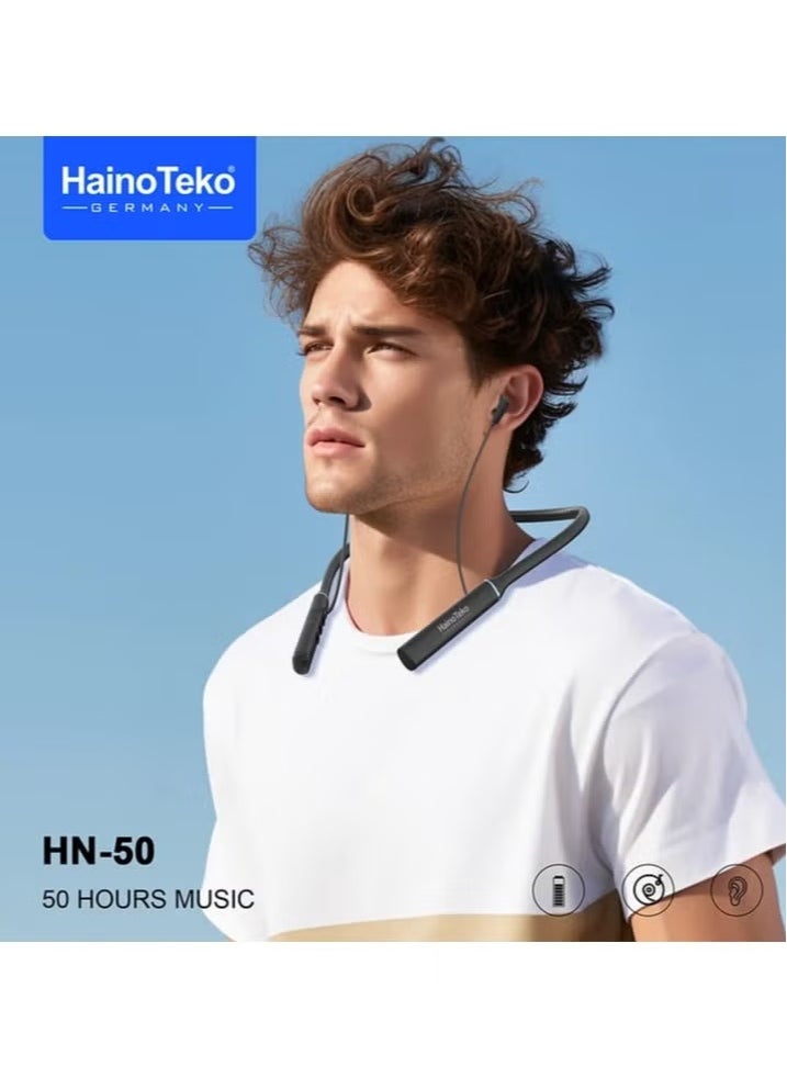 HN50 Neckband Wireless Earphones - Bluetooth 5.0, High-Quality Sound, Deep Bass, Ergonomic Design, Long Battery Life, Comfortable Fit for Sports & Daily Use, Built-in Microphone, Noise Cancellation, Sweatproof – Black