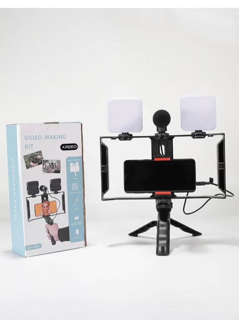 Multi-Purpose Adjustable All-in-One Video Making Kit with 2 LED Lights, Grips, and Microphone – Ideal for Vlogging, Live Streaming, and Content Creation – Professional Quality Setup for Clear Videos and Audio