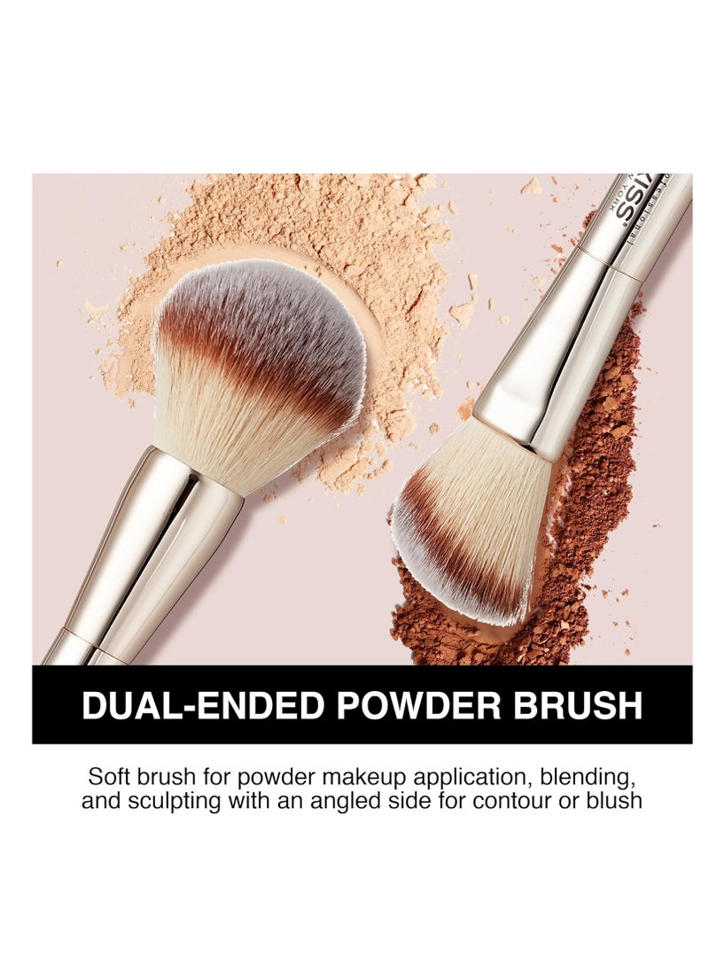 KISS NEW YORK Professional Dual Ended Powder Brush, All Over Face Application, Easy Sculped Look with Angled Powder Brush for Blush, Setting Powder, Contour